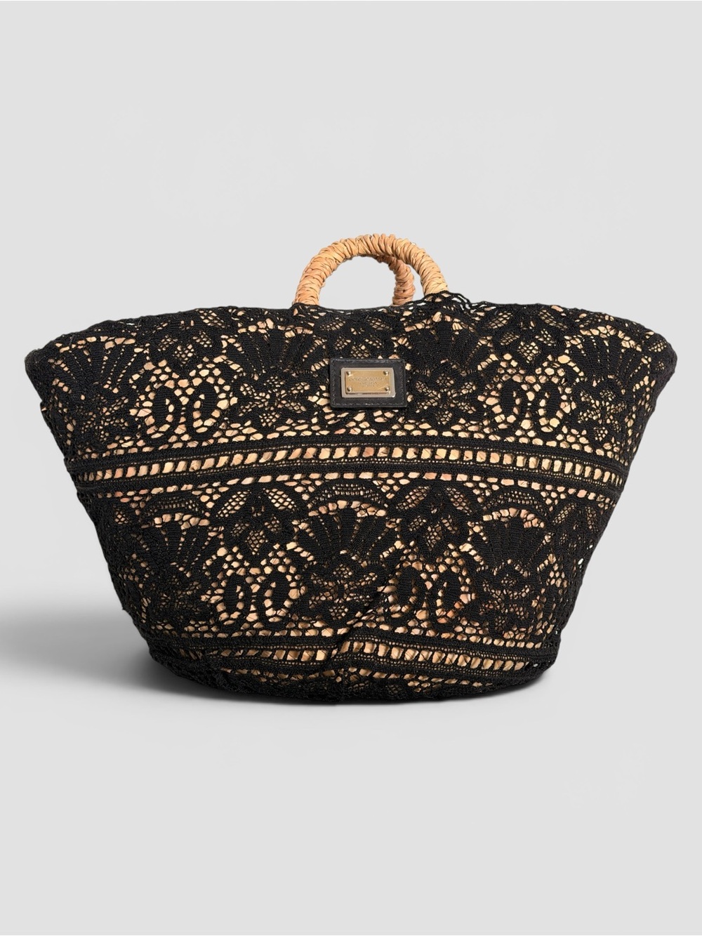 Dolce & Gabbana Black Lace Raffia Straw Tote Basket Bag